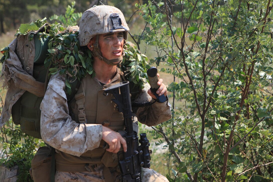 Lance Cpl. Gaven T. Eier, a radio operator with the Scout Sniper Platoon attached to Company E, 2nd Battalion, 8th Marine Regiment, scans the horizon for targets.  Scout snipers offered integral information during the company-sized assault on range 24, here, recently.