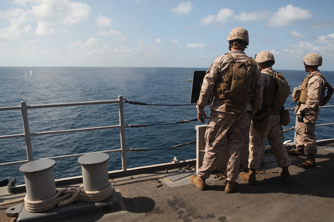 A Marine with Company L, Battalion Landing Team 3/8, 26th Marine Expeditionary Unit, fires a M2 .50 caliber machine gun from the foc'sle aboard USS Carter Hall in the U.S. Navy 5th Fleet Area of Responsibility, Sept. 24, 2010. 26th MEU continues to support relief operations in Pakistan and is also serving as the theater reserve force as elements of the MEU conduct training and planned exercises.