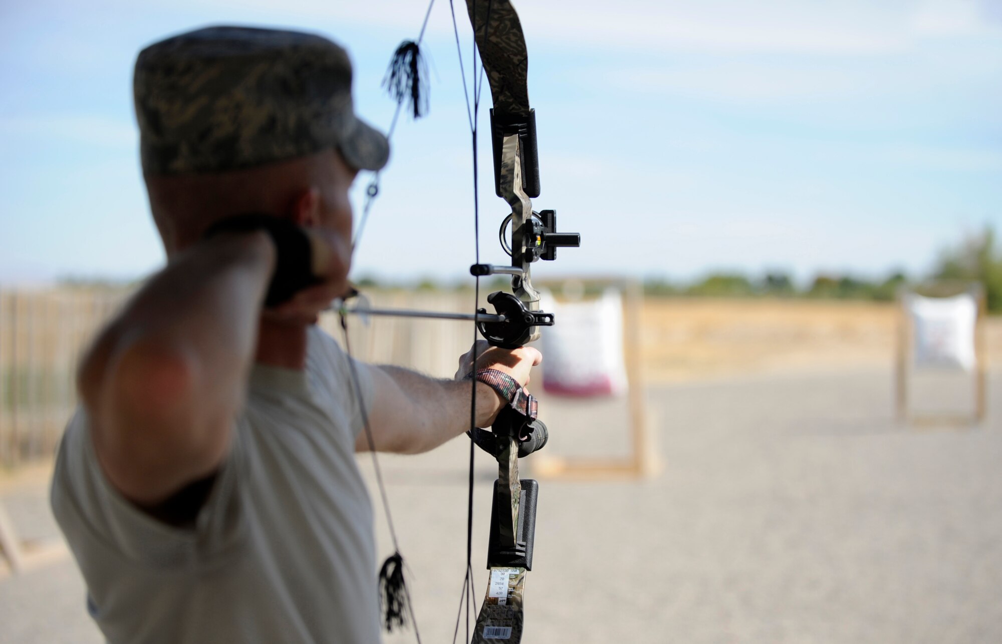 MOUNTAIN HOME AIR FORCE BASE, Idaho -- Tech. Sgt. Garrett Matthews, 366th Civil Engineer Squadron water and fuels maintenance, prepares to shoot during an archery practice Sept. 16. The trap and skeet range is part of the Force Support Squadron which enhances combat readiness, retention and morale through programs promoting well-being and quality of life for the 366th Fighter Wing and its personnel and dependents. The 366th FSS is responsible for dining, lodging, fitness, honor guard, family member programs, leisure activities and mortuary affairs. (U.S. Air Force photo by Senior Airman Renishia Richardson)