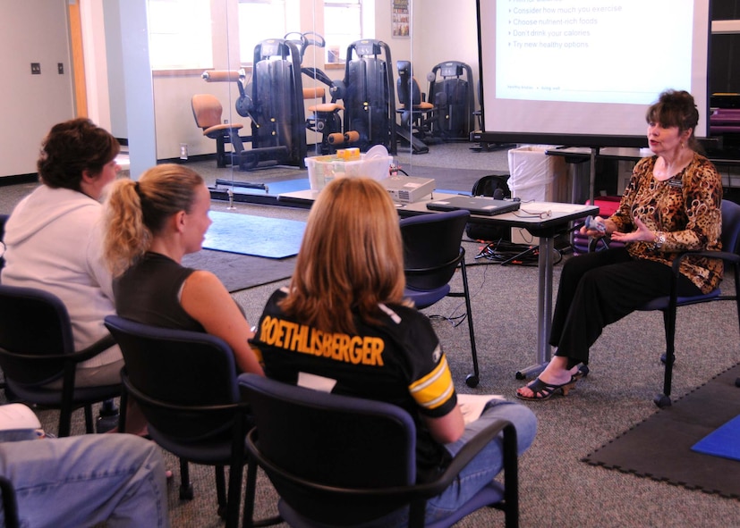 Marilyn Leggett, health promotion coordinator from Eglin Air Force Base’s Health and Wellness Center, discusses facts and tips on healthy eating habits for members at the Duke Field fitness center Sept. 24.  Ms. Leggett held classes at the fitness center to give reservists and civilian employees information on reading nutrition labels, mindful eating habits and learning to modify recipes to make them a more healthy choice.  (U.S. Air Force photo/Staff Sgt. Jonathan McCallum)