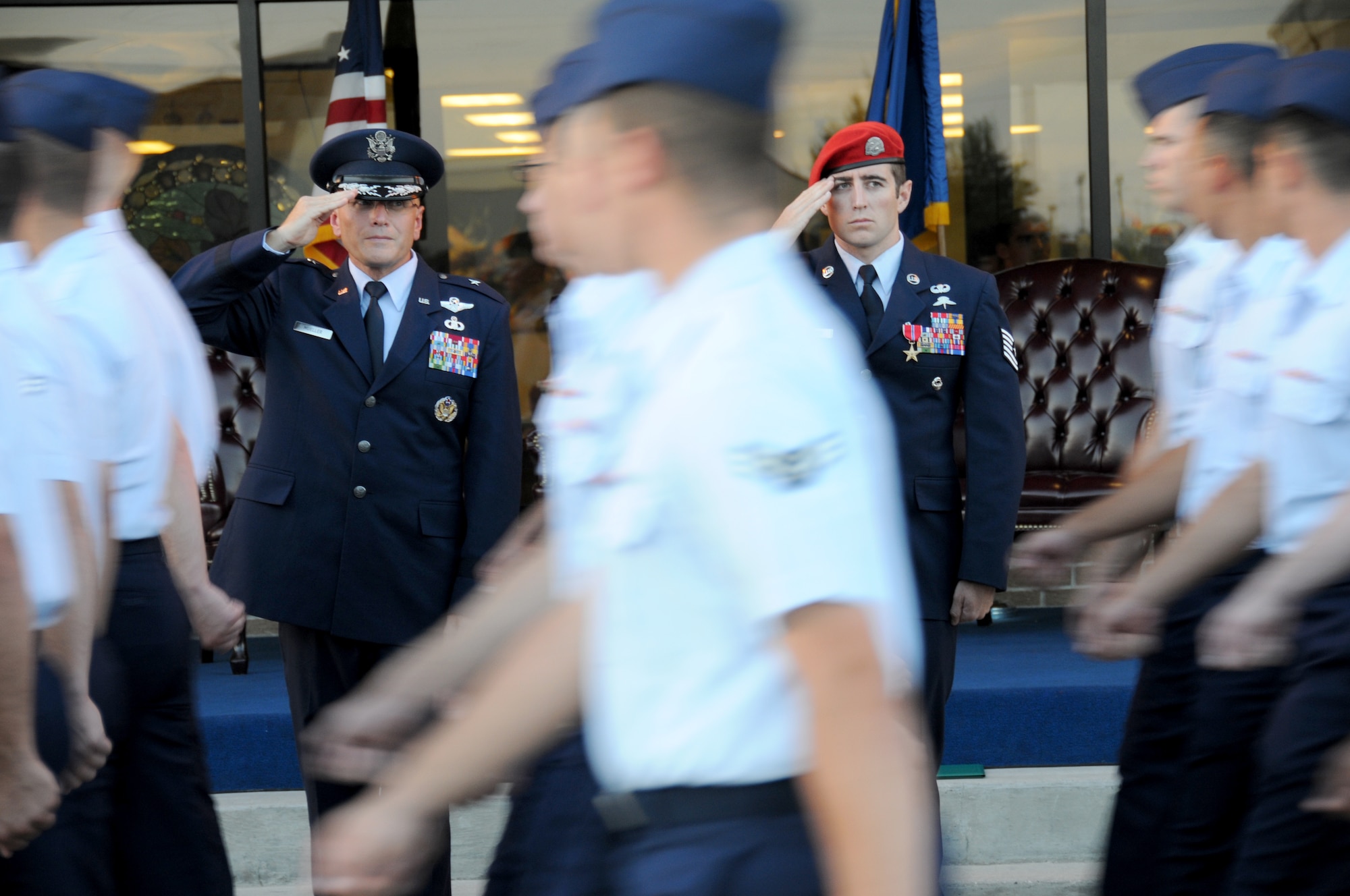 Brig. Gen. Andrew Mueller, 81st Training Wing commander, and Tech. Sgt. Adam Malson salute during an 81st TrainingWing parade Sept. 16. Sergeant Malson was presented the Bronze Star Medal, first oak leaf cluster, for meritorious service as a joint tactical air controller in Afghanistan in support of Operation Enduring Freedom from Aug. 15, 2007, to June 1, 2008. Sergeant Malson is now a combat control instructor in the 334th Training Squadron.  (U.S. Air Force photo by Kemberly Groue)
