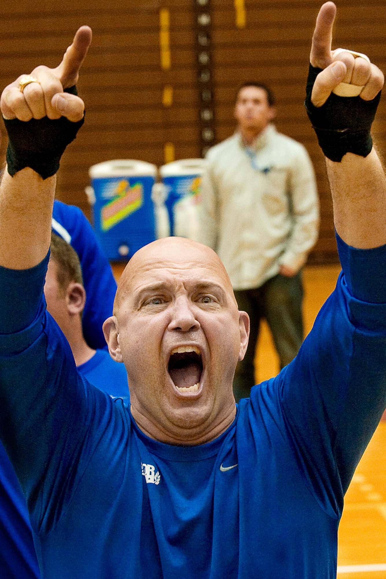 Chief Orslene celebrates after Air Force’s wheelchair basketball victory against Navy May 12 that clinched the bronze medal at the inaugural Warrior Games in Colorado Springs.  (U.S. Air Force photo)