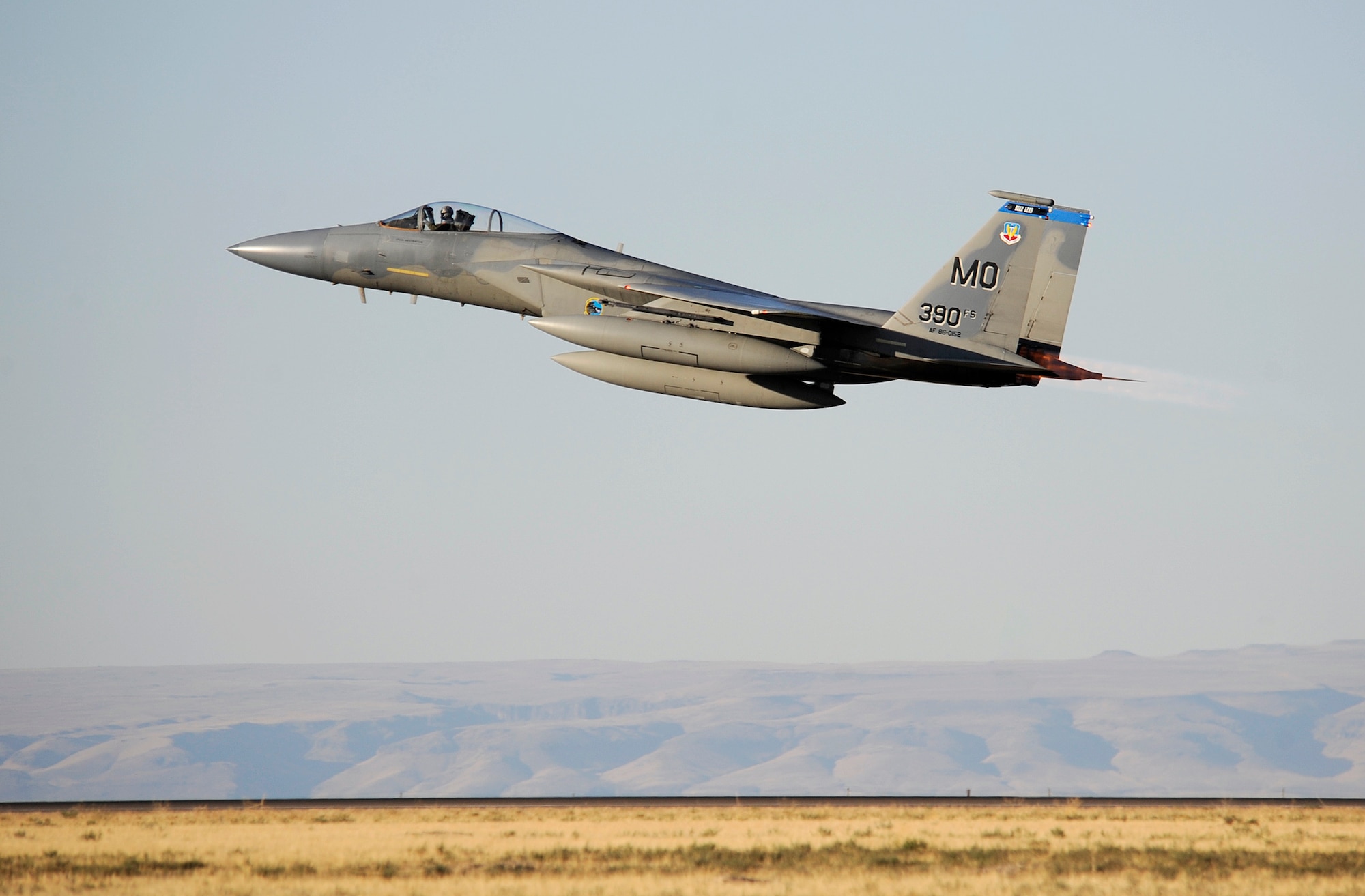 MOUNTAIN HOME AIR FORCE BASE, Idaho -- Lt. Col. James Stratton, 390th Fighter Squadron commander, departs in the 390th flag ship for the last time Sept. 23. His aircraft was one of the two F-15C’s that left here Thursday to become part of the Florida Air National Guard’s 125th Fighter Wing, stationed in Jacksonville. (U.S. Air Force photo by Senior Airman Renishia Richardson)