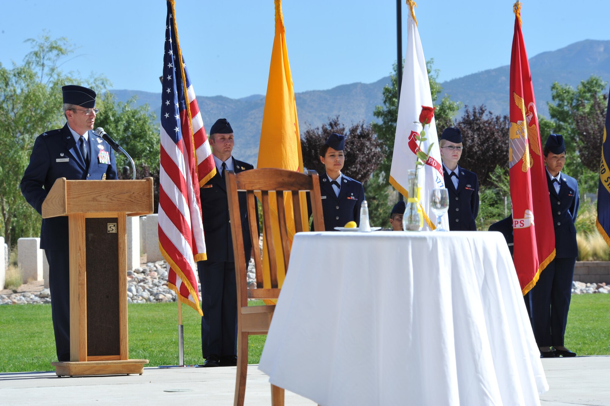 Col. Robert L. Maness, 377th Air Base Wing commander, addresses the audience during the POW/MIA Recognition Day ceremony Sept. 17 at the New Mexico Veterans Memorial.  U.S. Air Force Photo by Elizabeth Martinez