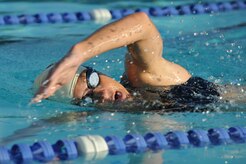 Capt. Jamie Turner swims in Charleston, S.C., Sept. 15, 2010, in preparation for the Ironman World Championship. Captain Turner is training to swim 2.4-miles through ocean waves, bike 112 miles and run a 26.2-mile marathon through challenging lava-covered terrain. During her peak training, she will swim more than 10,000 meters. Selected as one of 1,800 Ironman World Championship competitors, she will test her endurance in one of the top athletic challenges the sports world has to offer. Captain Turner is a pilot with the 315th Airlift Wing. (U.S. Air Force photo/James M. Bowman)