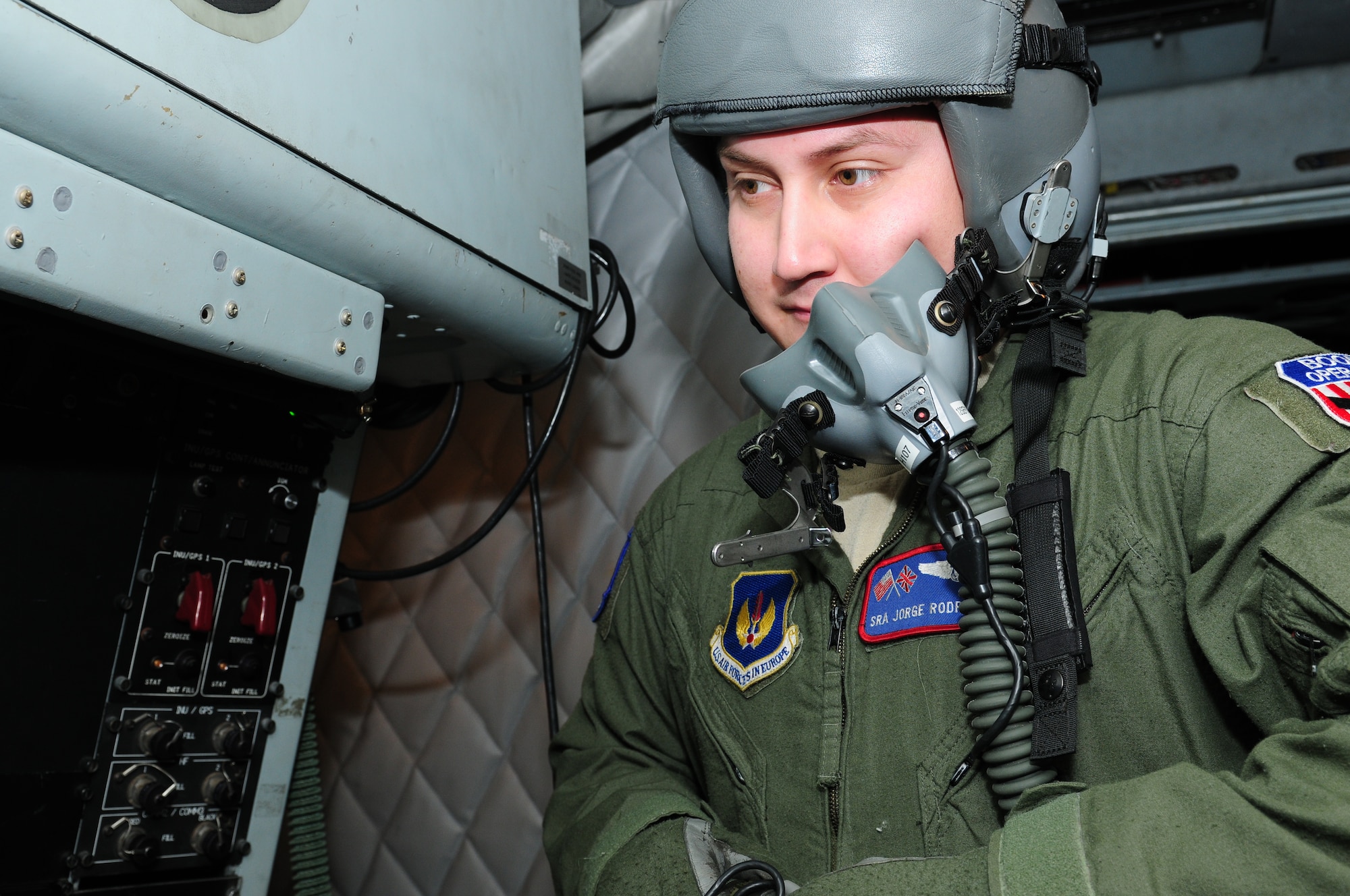 KEFLAVIK, Iceland – Senior Airman Jake Rodriguez, 493rd Expeditionary Fighter Squadron, checks his oxygen mask before take-off Sept. 17, 2010. Airman Rodriguez is assigned to the 351st Air Refueling Squadron at RAF Mildenhall, England and calls Lompoc, Calif., home. (U.S. Air Force photo/Senior Airman Stephen Linch)
