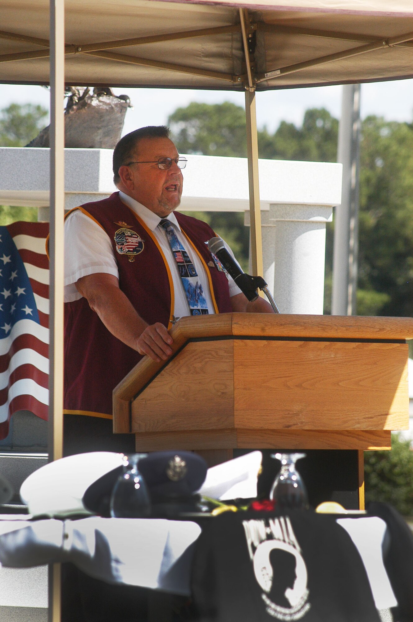 Bill Robinson (USAF retired) was keynote speaker at the POW/MIA Recognition ceremony at the Museum of Aviation Sept 16. Robinson was a prisoner for 7 1/2 years in North Vietnam's Hoa Lo Prison, aka "The Hanoi Hilton." U. S. Air Force photo by Sue Sapp