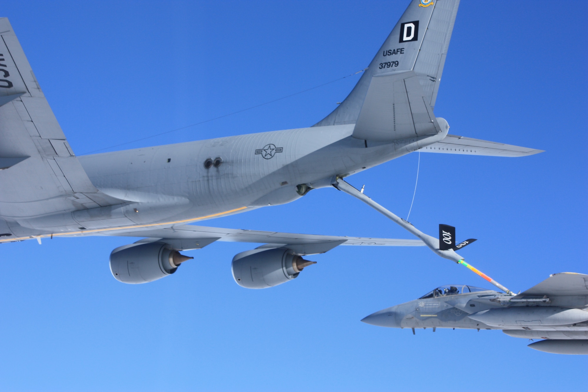 KEFLAVIK, Iceland – A KC-135 Stratotanker from the 100th Air Refueling Wing at RAF Mildenhall, England, refuels an F-15C Eagle that is deployed from the 48th Fighter Wing at RAF Lakenheath, England, during a flight in support of NATO’s Icelandic Air Policing mission Sept. 15, 2010. In addition to the IAP, the 493rd FS also has approximately 130 Airmen supporting the Baltic Air Policing mission for Lithuania, Latvia and Estonia as a part of the 493rd EFS. (U.S. Air Force photo/Maj. Andrew Rose)