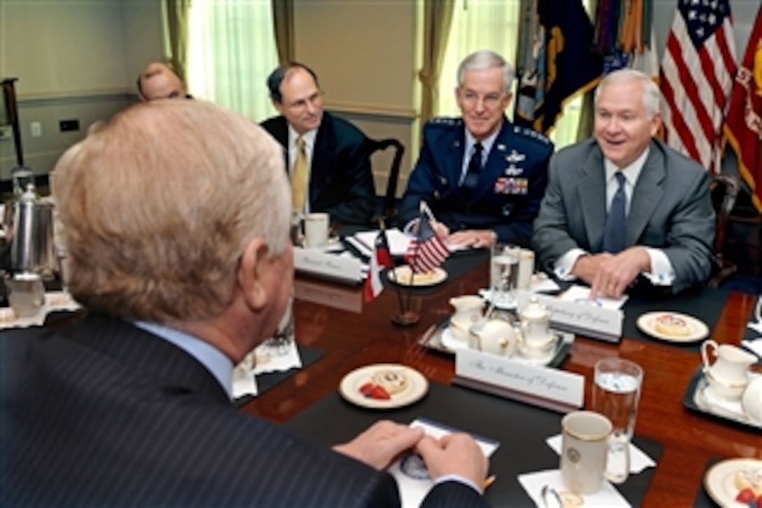 Secretary of Defense Robert M. Gates (right) hosts a Pentagon meeting with Chilean Defense Minister Jaime Ravinet (left) on Sept. 24, 2010.  Also attending the meeting are Commander of U.S. Southern Command Gen. Douglas Fraser (2nd from right), U.S. Air Force, and Assistant Secretary of Defense for Homeland Defense and Americas' Security Affairs Dr. Paul Stockton.  