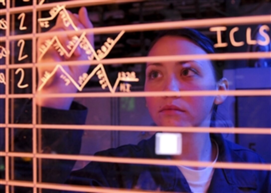 U.S. Navy Airman Chelsea Pitchford updates information on an aircraft status board in the amphibious air traffic control center aboard the amphibious assault ship USS Essex (LHD 2) while the ship is underway in the Philippine Sea on Sept. 21, 2010.  The Essex participated in Valiant Shield 2010, a joint U.S. military exercise in the western Pacific Ocean.  