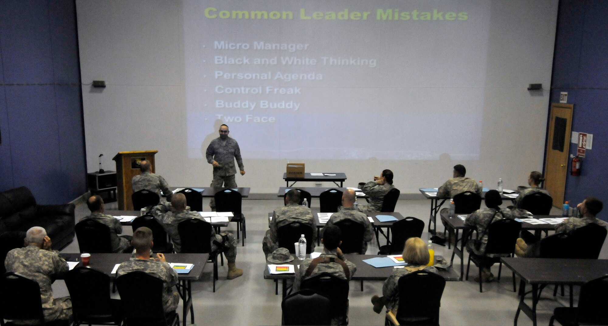 Servicemembers from across Joint Base Balad, Iraq receive resiliency training in the MWR East movie room Sept. 14, 2010, to help them become better leaders and assist others  to deal with high-stress situations. The Flash Forward Resiliency Training program uses a myriad of different teaching techniques to include, videos, group discussions and visual presentations.  (U.S. Air Force photo/Staff Sgt. Phillip Butterfield)