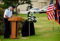 ANDERSEN AIR FORCE BASE, Guam ? Capt. Kenneth Felkley speaks during the Prisoner of War/Missing In Action ceremony here, Sep. 25. The POW/MIA ceremony commemorates those returned and those still missing and unaccounted for from our nation's wars. (U.S. Air Force photo by Airman 1st Class Jeffrey Schultze)