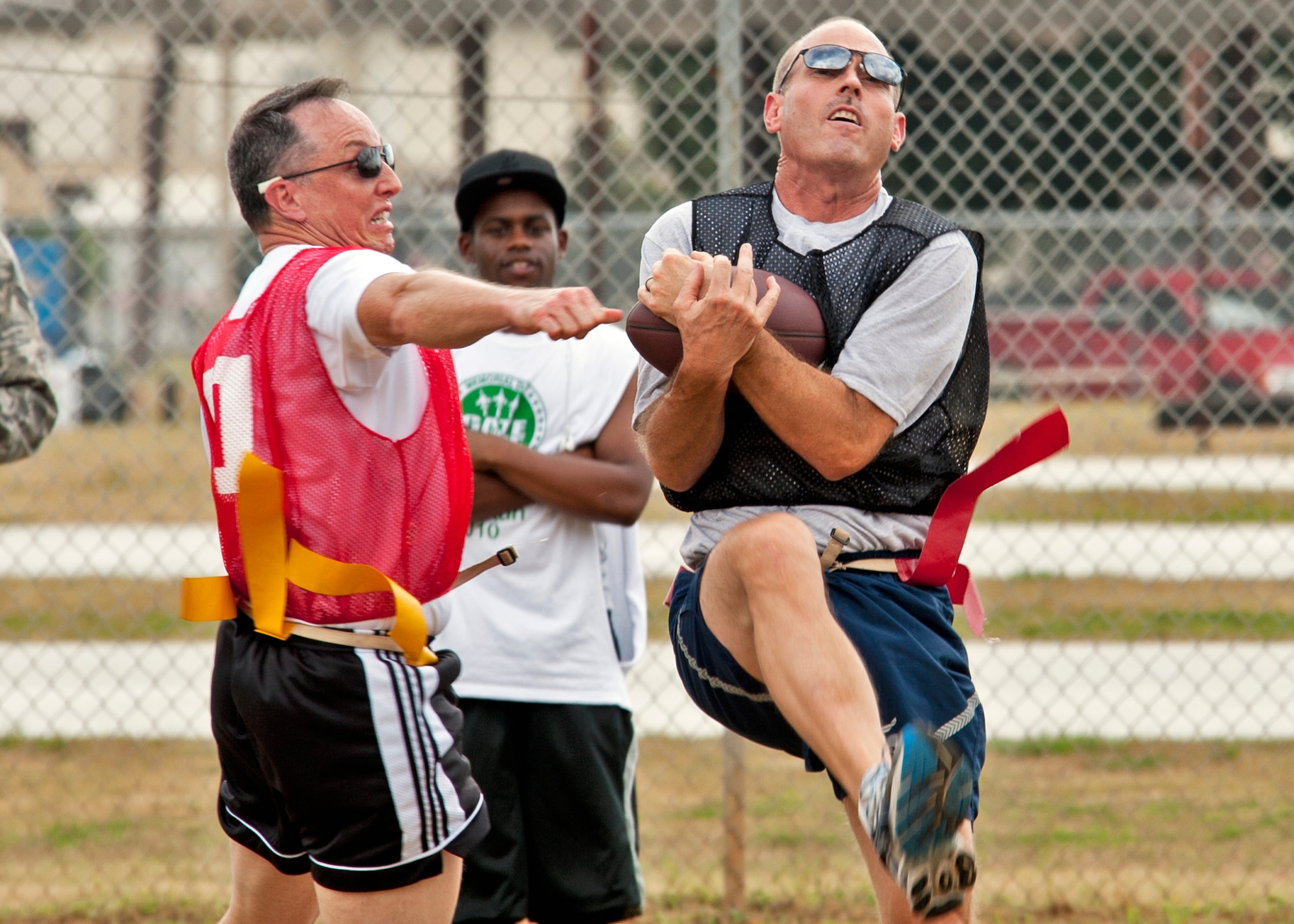Chief Master Sgt. Phil Arntz, 46th Maintenance Group, brings in the first of his three touchdown receptions during the Chiefs Versus Eagles flag football game Sept. 24 at Eglin Air Force Base, Fla.  The Chiefs crushed the Eagles 34-13.  (U.S. Air Force photo/Samuel King Jr.)