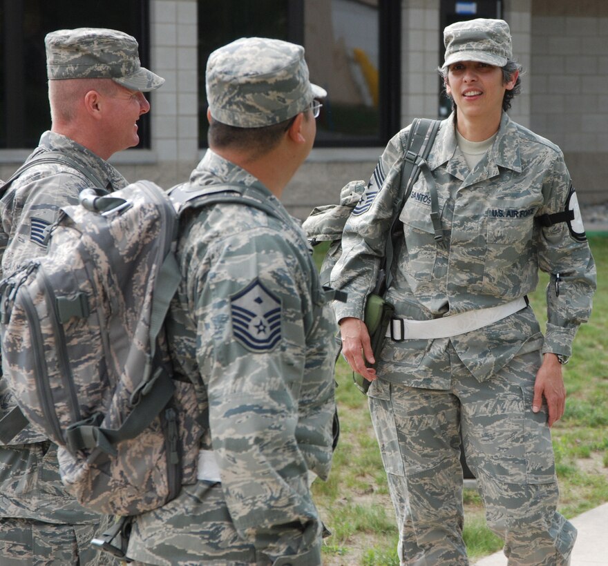 Command Chief Master Sgt. Sandra Santos listens to ideas from other enlisted members during a recent Air Force Reserve training event.  A skilled listener and gifted speaker, she takes care of enlisted issues large and small for the 932nd Airlift Wing.  (U.S. Air Force photo/Maj. Stan Paregien)