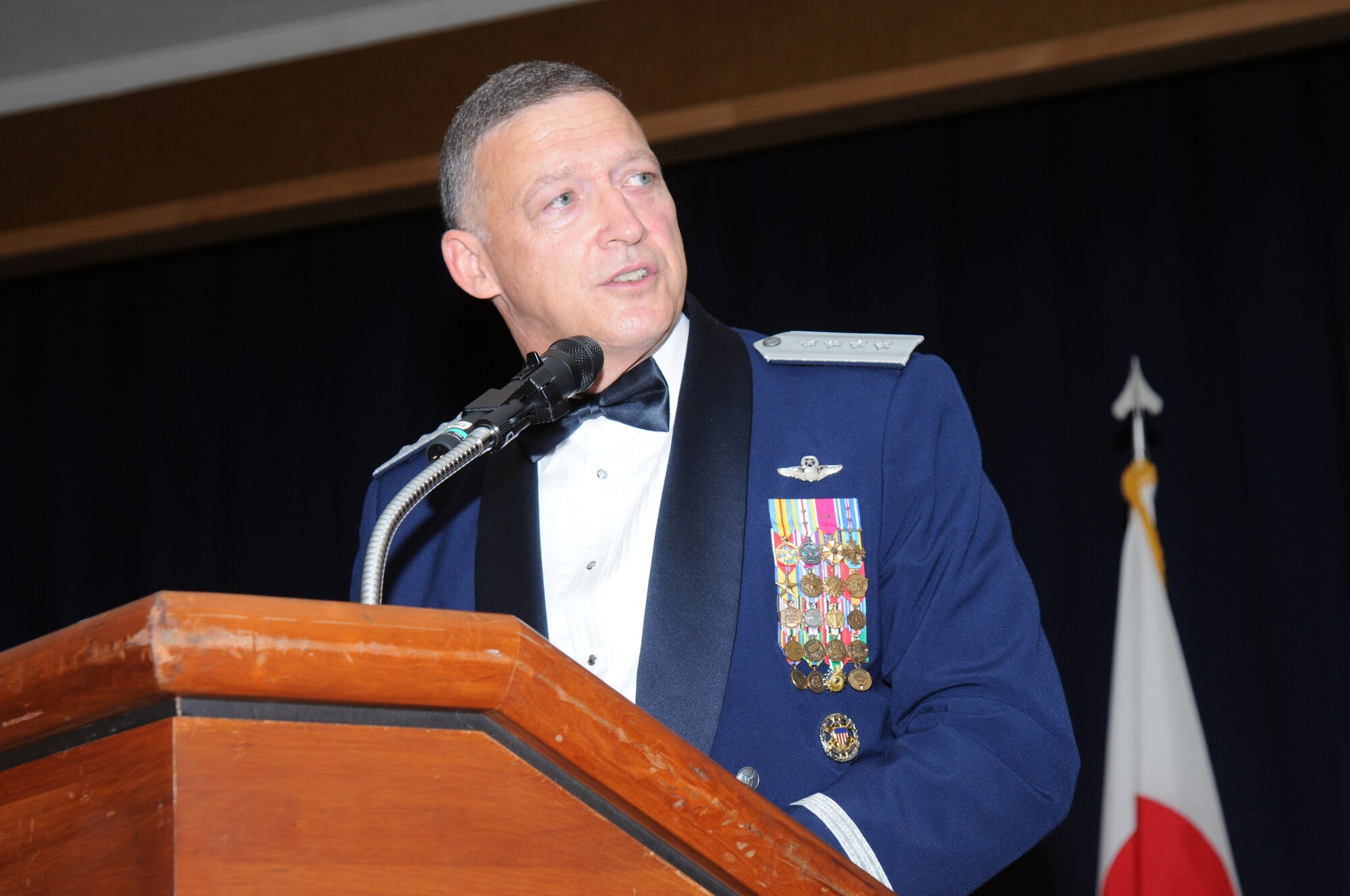Gen. Gary North, Pacific Air Forces commander, addresses the members of the 35th Fighter Wing and their guests at the Misawa Air Base, Japan, Air Force Ball, commemorating the U.S. Air Force’s 63rd anniversary, Sept. 25, 2010.  During his speech, General North emphasized the importance of maintaining a good steady relationship with the Air Force’s international partners, especially with those in the pacific command.  (U.S. Navy photo by Mass Communication Specialist 2nd Class Matthew M. Bradley/Released)