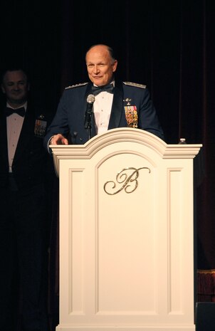 LAS VEGAS-- Retired Gen. Gregory Martin, former commander of Air Force Material Command and U.S. Air Forces in Europe, delivers the keynote speech during the 2010 Nellis-Creech Air Force Ball Sept 25. at the Bellagio Resort and Casino.  (U.S Air Force Photo / Senior Airman Stephanie Rubi)