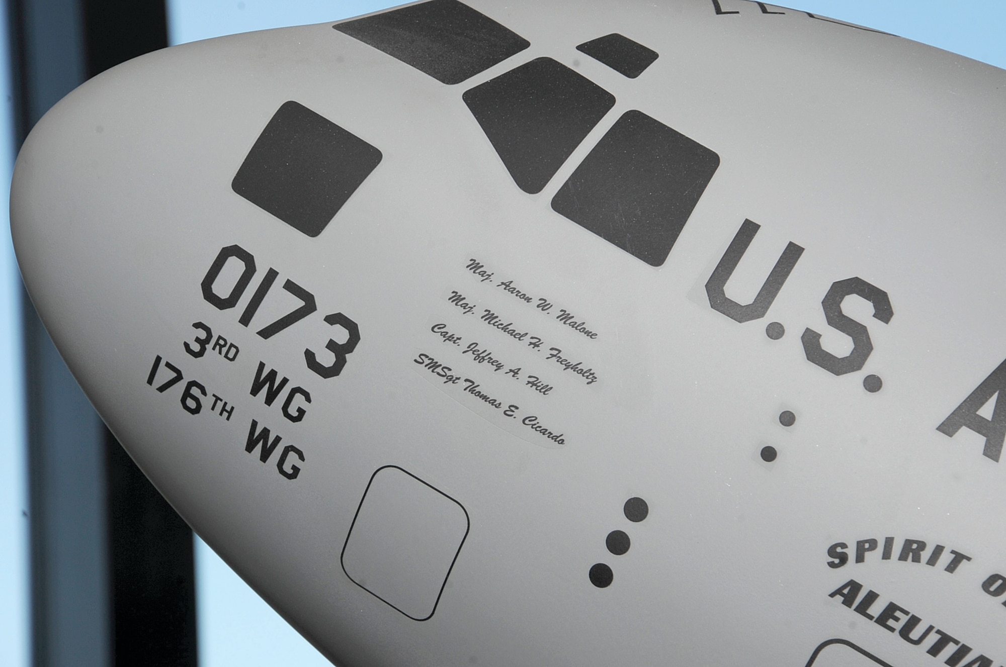 The nose of the model shows the proper markings for Sitka 43 as well as the names of the four aviators who died in the C-17 Globemaster III crash, July 28. (Photo by Senior Airman Cynthia Spalding/JBER PAO)