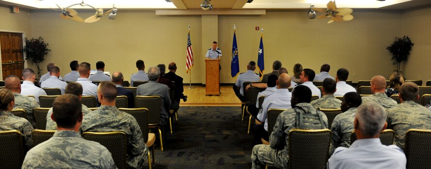 MOODY AIR FORCE BASE, Ga. -- Capt. Michael Spencer, 23rd Wing executive officer, gives opening remarks during an Air Force birthday ceremony here Sept. 20. The ceremony’s guest speaker was retired Maj. Gen. John Folkerts, former 347th Recue Wing commander, Moody Air Force Base, Ga. (U.S. Air Force photo/Airman 1st Joshua Green) 
