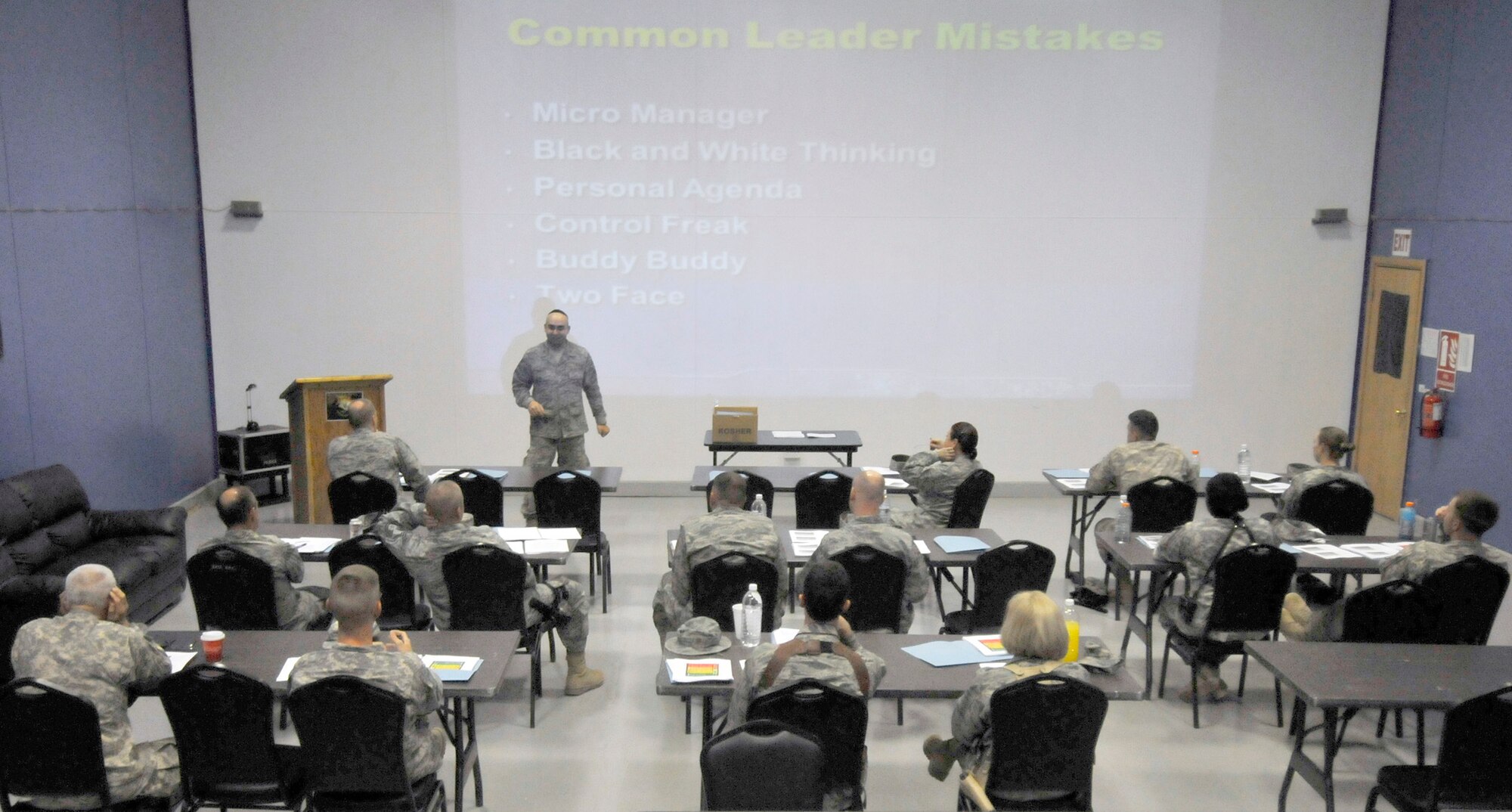 Servicemembers receive resiliency training to help them become better leaders and assist others to deal with high-stress situations by showing them different leadership styles Sept. 14, 2010, at Joint Base Balad, Iraq. The Flash Forward Resiliency Training program uses different teaching techniques including, videos, group discussions and visual presentations. (U.S. Air Force photo/Staff Sgt. Phillip Butterfield)