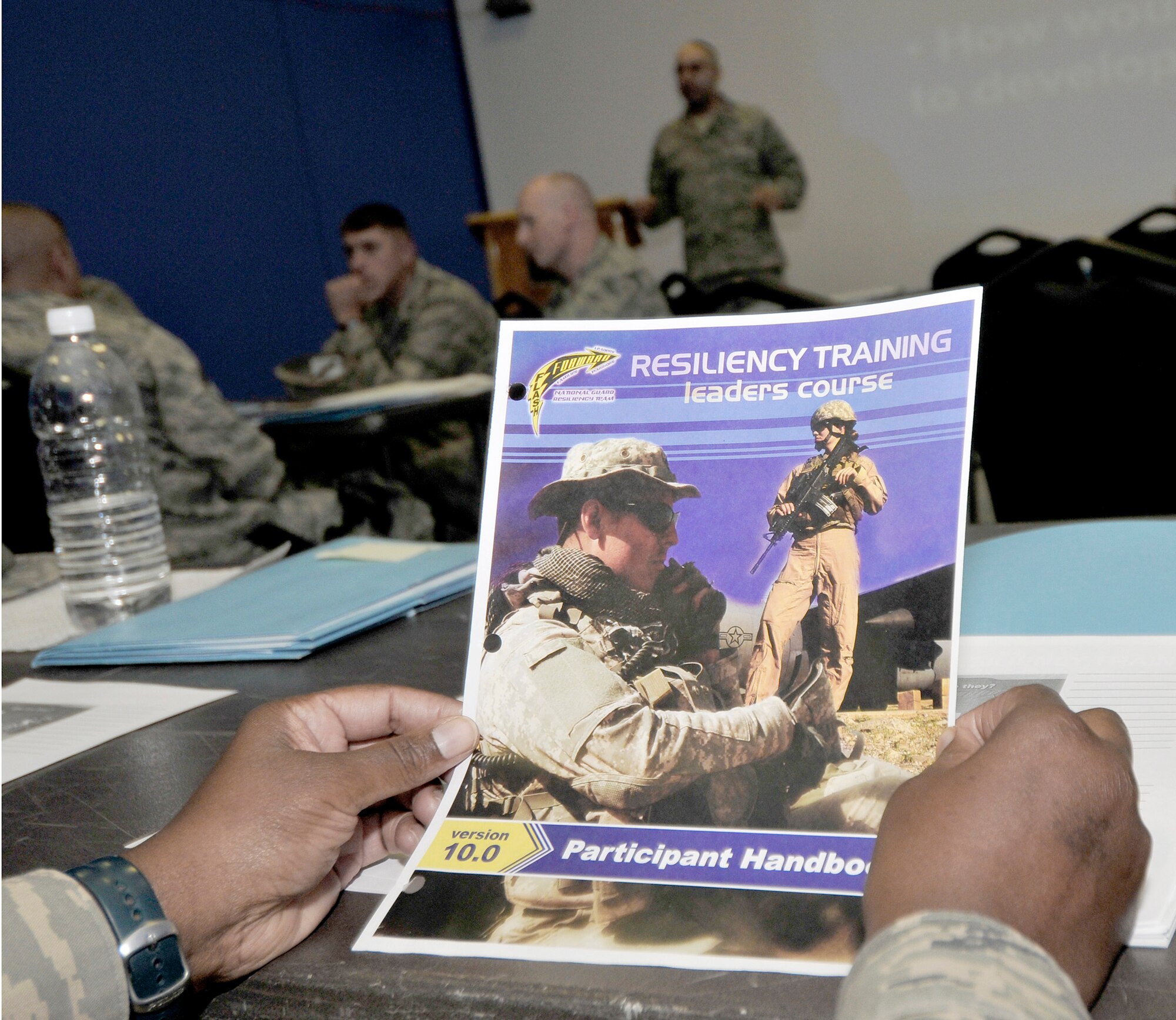 Servicemembers receive resiliency training to help them become better leaders and assist others to deal with high-stress situations by showing them different leadership styles Sept. 14, 2010, at Joint Base Balad, Iraq. The beginning of the program was an orientation of what the program teaches followed by a train-the-trainer session, which focused on delivering messages as an instructor. (U.S. Air Force photo/Staff Sgt. Phillip Butterfield)