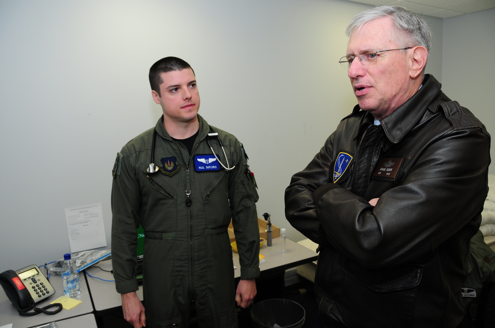 KEFLAVIK, Iceland – Maj. Paul DeFlorio, a flight surgeon with the 493rd Expeditionary Fighter Squadron, briefs Gen. Roger A. Brady, U.S. Air Forces in Europe commander, on local civilian medical facilities and search and rescue Sept. 22. Major DeFlorio is deployed from the 492rd Fighter Squadron at RAF Lakenheath, United Kingdom, and calls Ridgefield, Conn., home. (U.S. Air Force photo/Senior Airman Stephen Linch)
