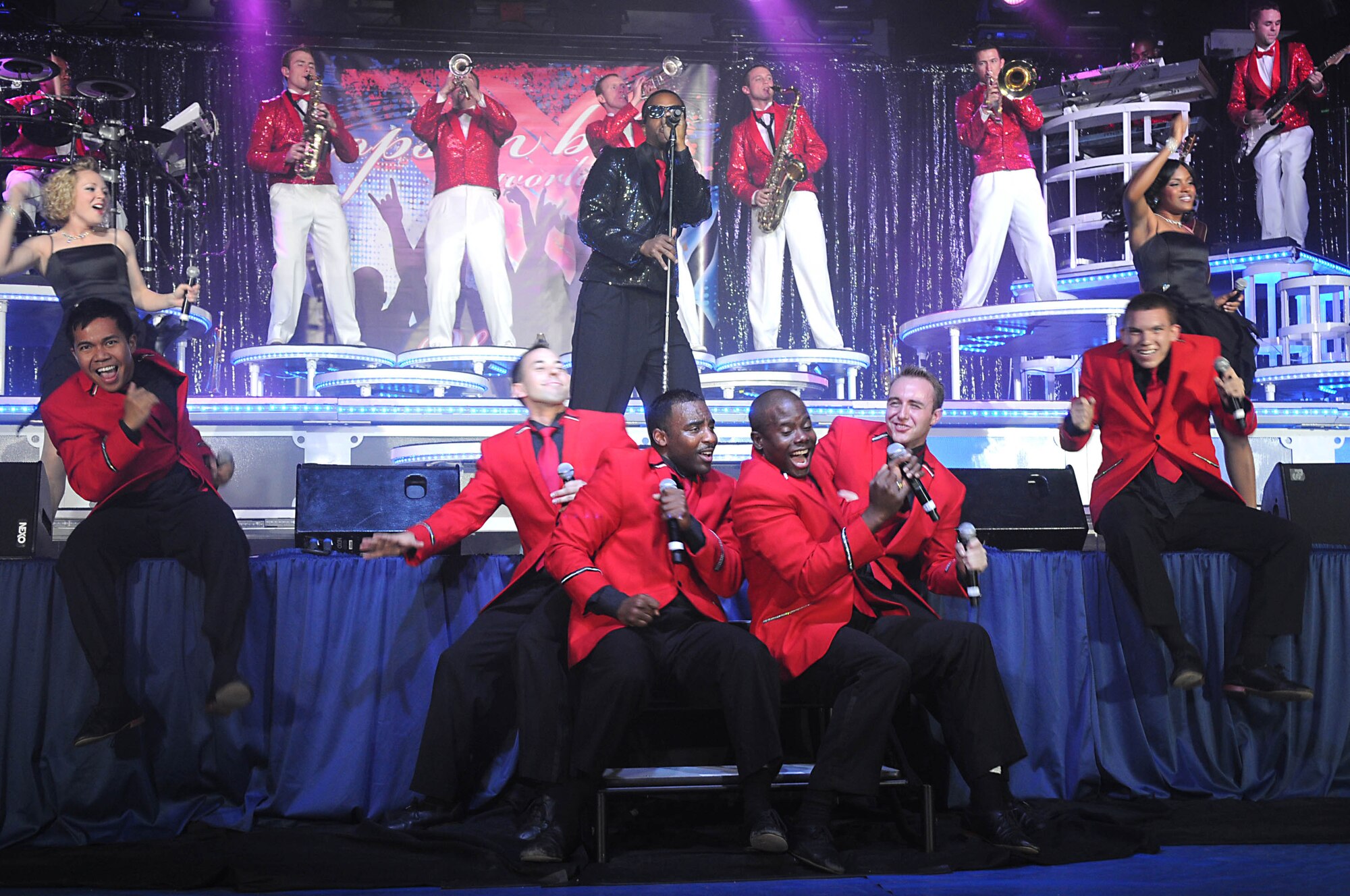 SPANGDAHLEM AIR BASE, Germany – Singers and musicians from Tops in Blue perform Stevie Wonder’s “Sir Duke” here Sept. 24. Tops in Blue is comprised of Airmen from around the Air Force with musical talent and is currently touring Air Force bases until February 2011. (U.S. Air Force photo/Staff Sgt. Logan Tuttle) 