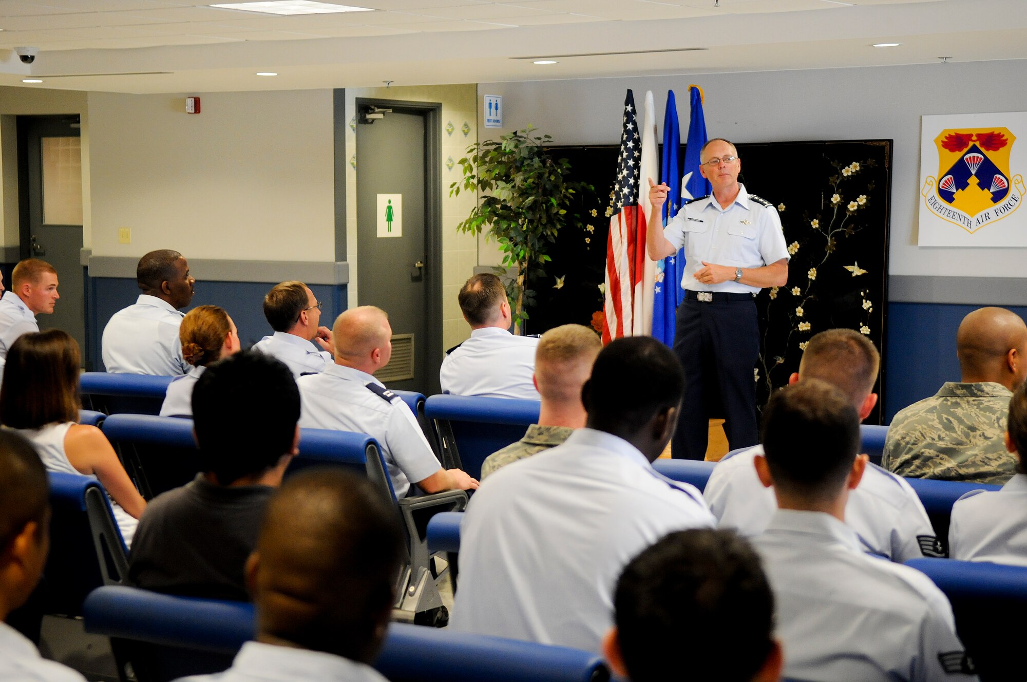 Lt. Gen. Robert Allardice, 18th Air Force commander, speaks at a 733d Air Mobility Squadron commanders call at Kadena Air Base, Japan, Sept. 27. Lt. Gen. Allardice took a tour of the 733d Air Mobility Squadron facilities and met the Airmen there. (U.S. Air Force photo/Staff Sgt. Jonathan Steffen)