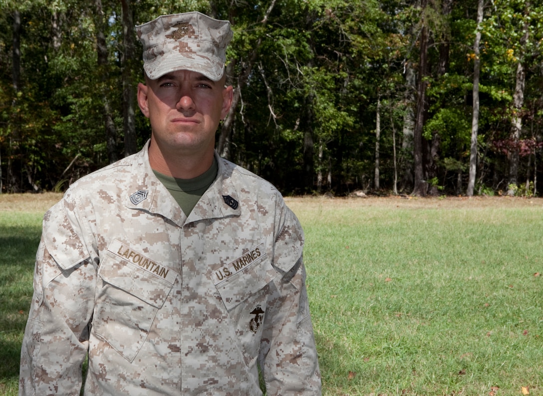 1st Sgt. Philip J. LaFountain, company first sergeant for Headquarters and Service Company, 2nd Battalion, 8th Marine Regiment poses for a photo during pre-deployment training aboard Fort A.P. Hill.  LaFountain received a bronze star with combat valor, recently, for his actions during a deployment to Afghanistan last year.  (Official United States Marine Corps photo by Cpl. Lorenzo Olvera)
