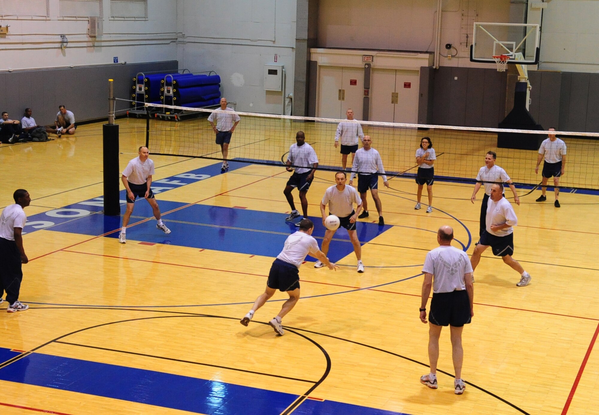 Fighter wing commanders faced off in a volleyball game against the chiefs Sept. 24, 2010 Eielson Air Force Base, Alaska. The 354th Force Support Squadron sponsored a Sports Day held at the Baker Field House Fitness Center where squadrons competed in several different events. The goal was to promote physical fitness and build camaraderie between the Airmen. (U.S. Air Force photo/Airman 1st Class Laura Goodgame)