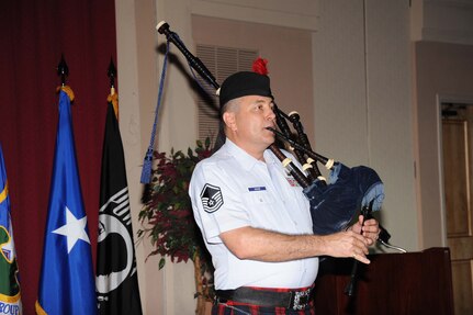 Master Sgt. John Davis plays the bagpipes during the 502nd Air Base Wing Air Force Birthday Ball Sept. 24 at the Gateway Club. Sergeant Davis is with the Air Force Band of the West. (U.S. Air Force photo/Alan Boedeker)