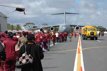Students and teachers involved in the Africa Aerospace and Defense Youth Development Program make their way to the C-17 Globemaster III static display during the air and trade show held at Ysterplaat Air Force Base, Cape Town South Africa. Members of the 315th Airlift Wing Charelston Air Force Base, S.C., maintained the staic display Sept. 21-25 and shared with local South African students on the missions and capabilities of the C-17. (U.S. Air Force photo/2nd Lt. Joe Simms)