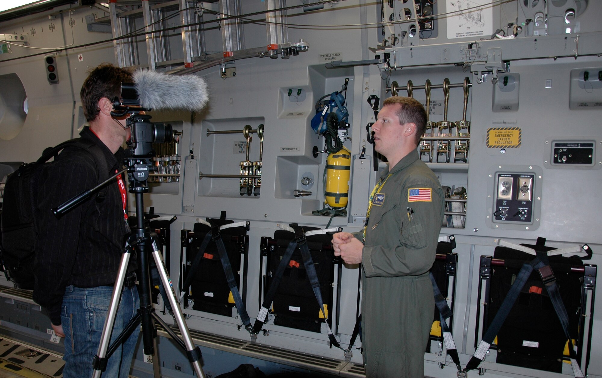 Tech.Sgt Eric Zilaitis, a loadmaster with the 317th Airlift Squadron, Charleston Air Force Base S.C., is interviewed by the media during the Africa Aerospace and Defence airshow, Ysterplaat Air Force Base, Cape Town, South Africa. Sergeant Zilaitis and crew members from the 317th AS explained the versatility of the C-17 to local and international media attending AAD 2010 Sept. 21-25. (U.S. Air Force photo/2nd Lt. Joe Simms)