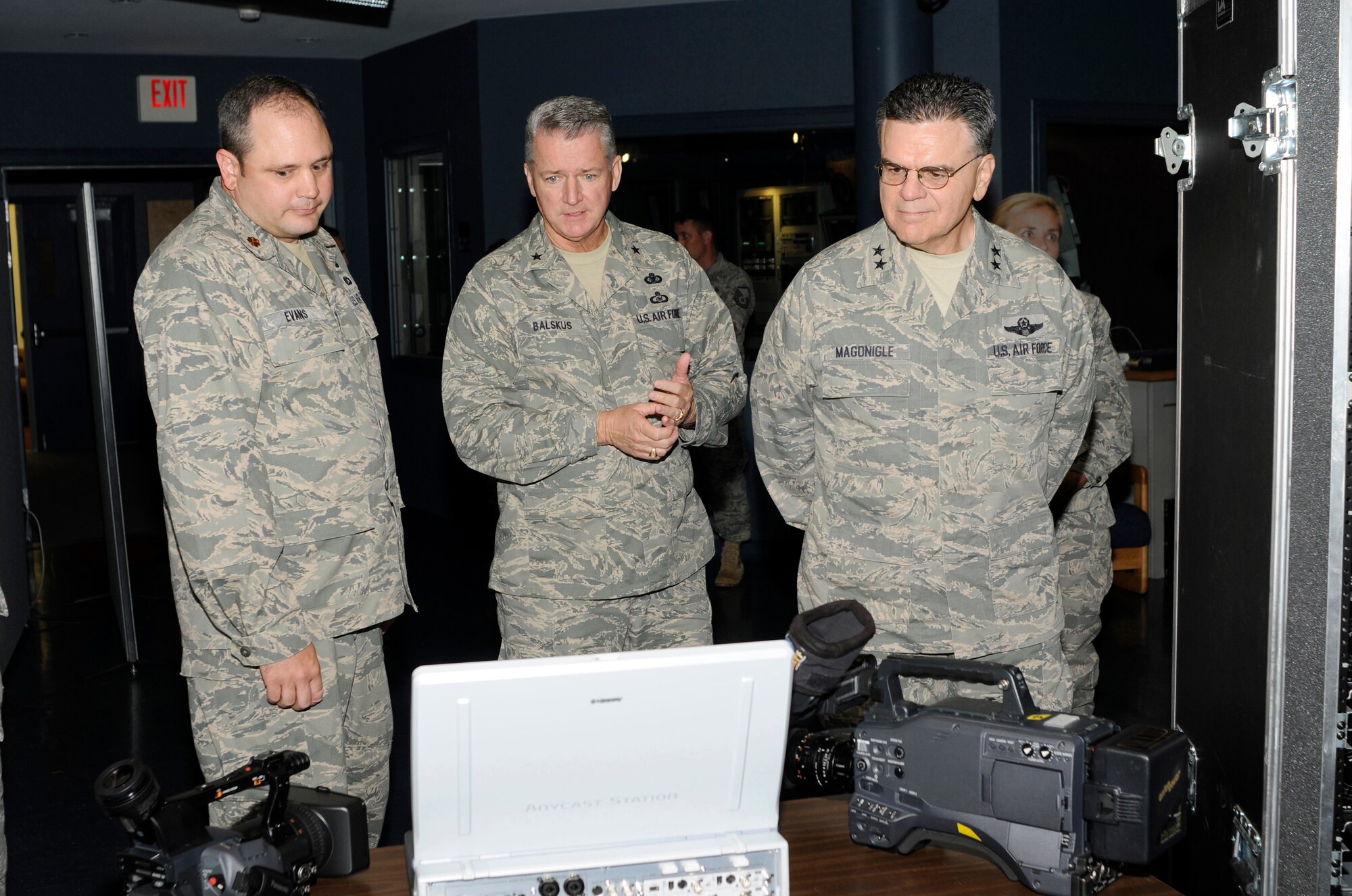 McGHEE TYSON AIR NATIONAL GUARD BASE, Tenn. - (From L-R) Maj. James Evans, TEC-TV Branch Chief, gives a tour of the TEC-TV studios in Spruance Hall here to Air National Guard strategic planning system steering committee leadership Brig. Gen. Joseph G. Balskus and Maj. Gen. Gary T. Magonigle, Sept. 23, 2010.  (U.S. Air Force photo by Master Sgt. Kurt Skoglund/Released)