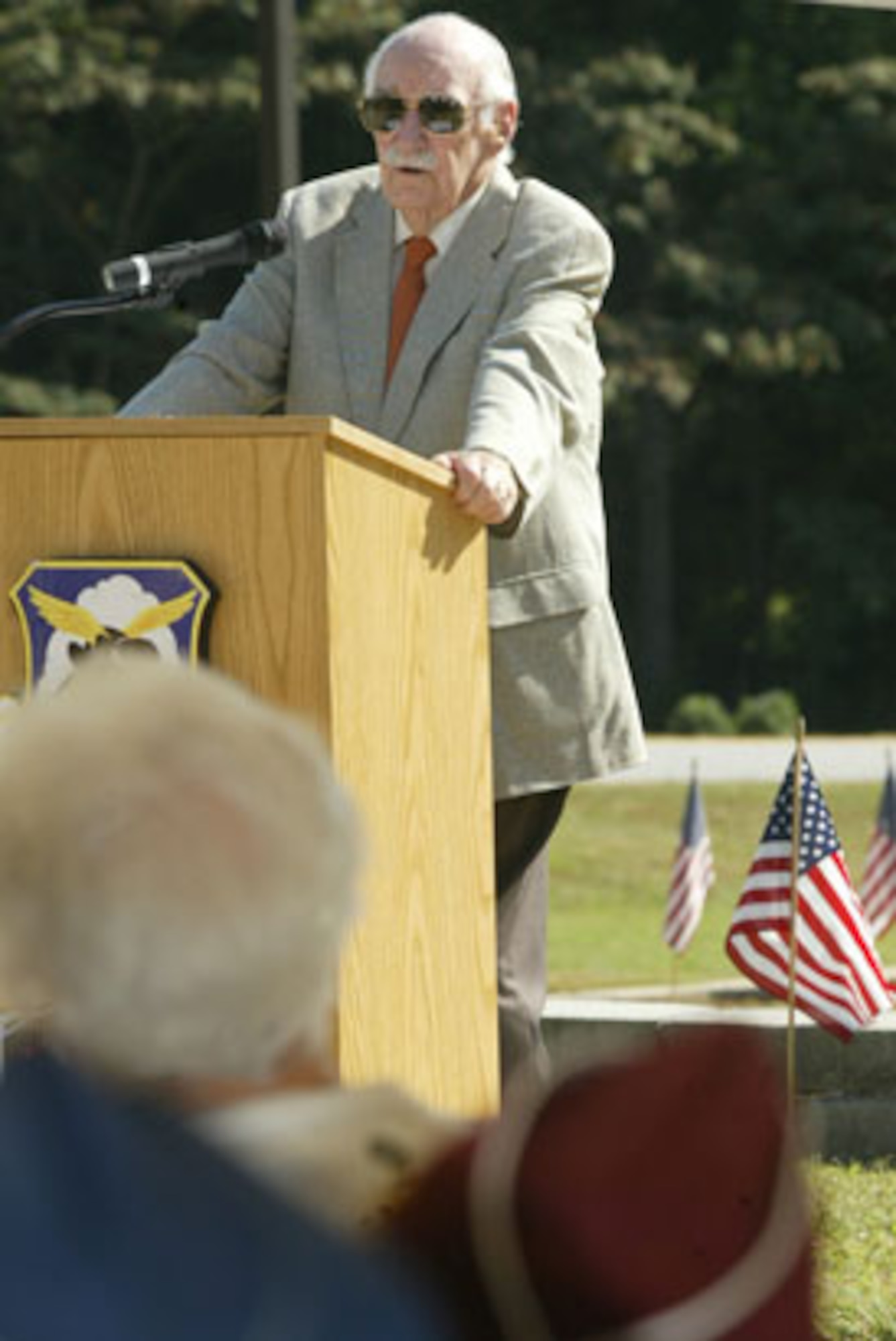 Ronald Pearce, a World War II Australian Air Force Bombardier, shared his experience of how he was able to escape and evade the German forces after being shot down during the beginning of World War II  with a group attending the 26th Annual Living Memorial Ceremony held at the Dobbins Air Reserve Base POW/MIA Memorial Park Sep 24.  (U.S. Air Force photo/Don Peek)