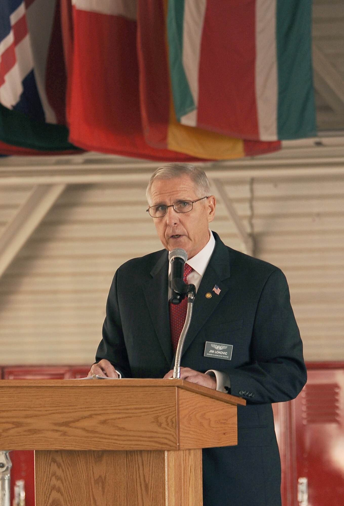 NELLIS AIR FORCE BASE, Nev.-- Chief Master Sgt. (ret) James Lokovic, Legislative Trustee for Division 12 and the local Nellis Chapter 1252 of the Air Force Sergeants Association, spoke during the Nellis, Creech and Nevada Test and Training Range Retiree Appreciation Day Sept. 25. Chief (ret) Lokovic served for 25 years in the U.S. Air Force. (U.S Air Force Photo / Senior Airman Stephanie Rubi)