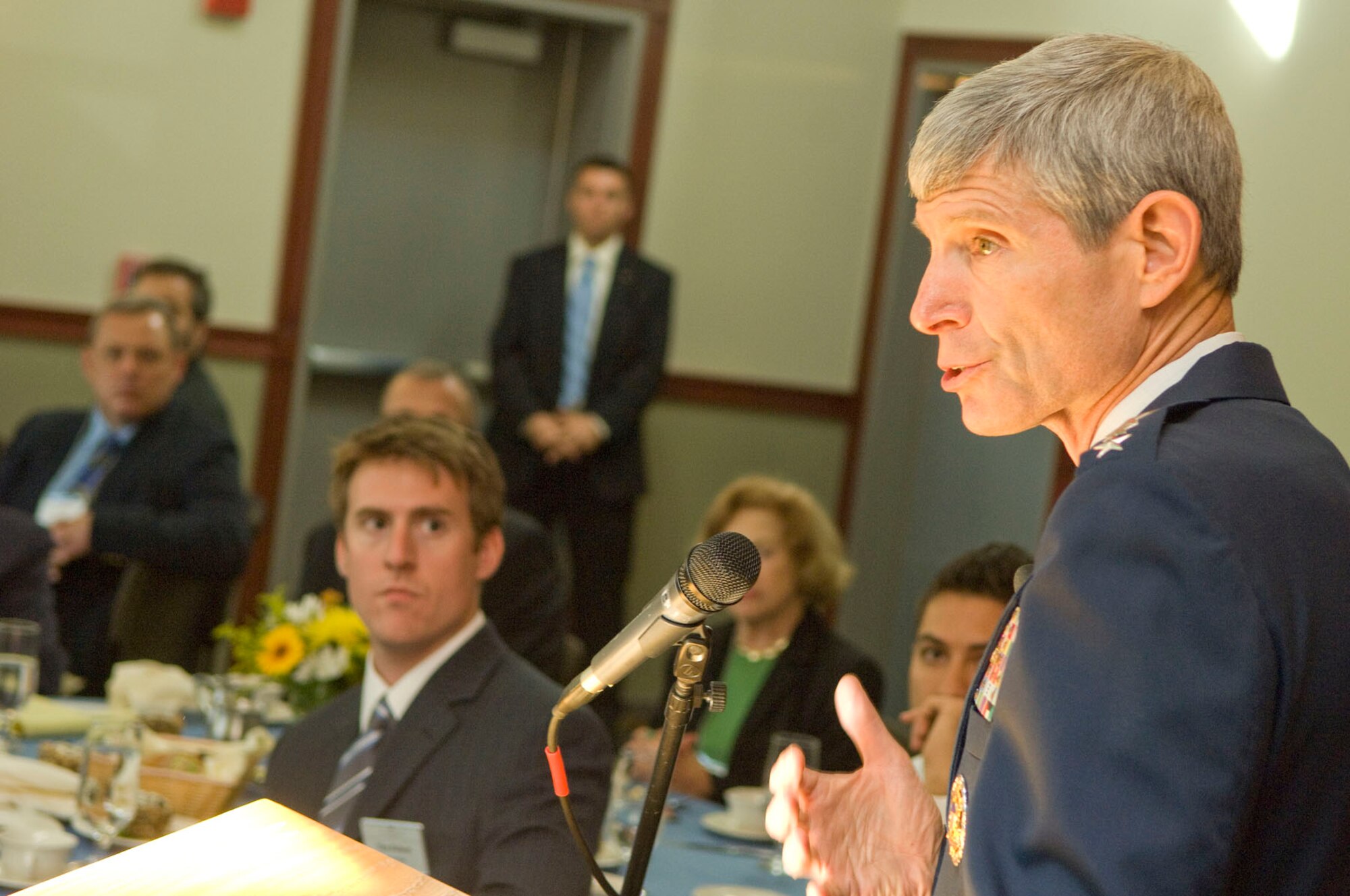 MEDFORD, Mass. – Gen. Norton A. Schwartz, Chief of Staff of the U.S. Air Force, speaks to Fletcher School of International Affairs students at lunch during the National Security Scholars Conference at Tufts University on Sept. 23. (U.S. Air Force photo by Mark Wyatt)