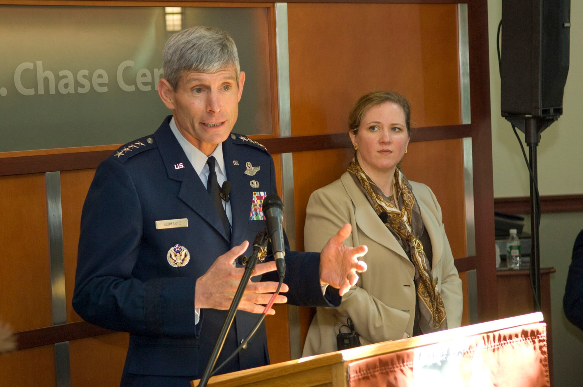 MEDFORD, Mass. – Gen. Norton A. Schwartz, Chief of Staff of the U.S. Air Force, and Erin C. Conaton, Under Secretary of the Air Force, speak before senior leaders and scholars at the National Security Scholars Conference at Tufts University on Sept. 23. (U.S. Air Force photo by Mark Wyatt)