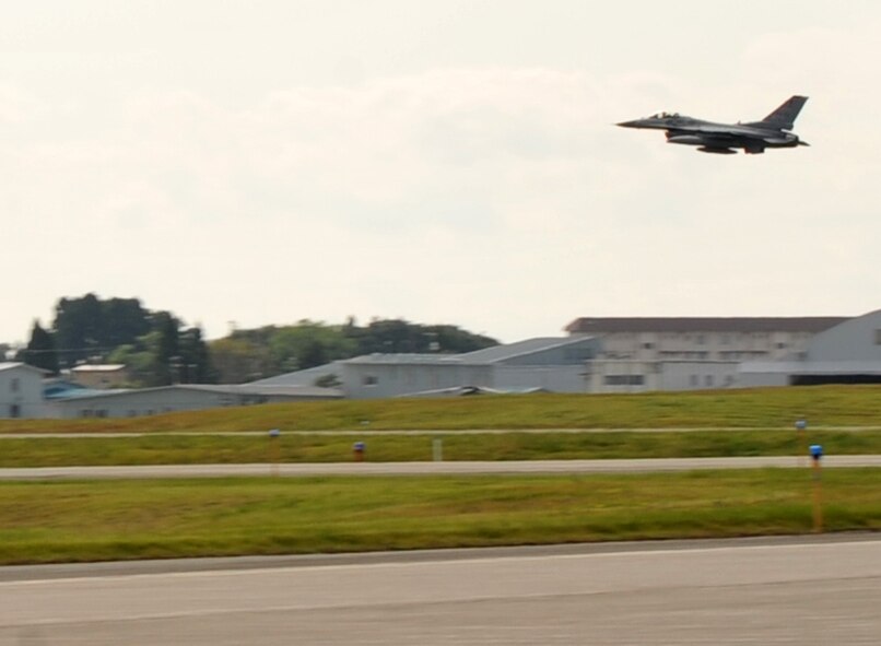 U.S. Air Force pilots from the 13th Fighter Squadron take off in an F-16 Fighting Falcon. The 13 FS deployed in support of Operation New Dawn, Sept. 27, 2010. The 13 FS is part of the 35th Operations Group, which deploys combat air assets worldwide. (U.S. Air Force photo by Tech. Sgt. Russell McBride/Released) 