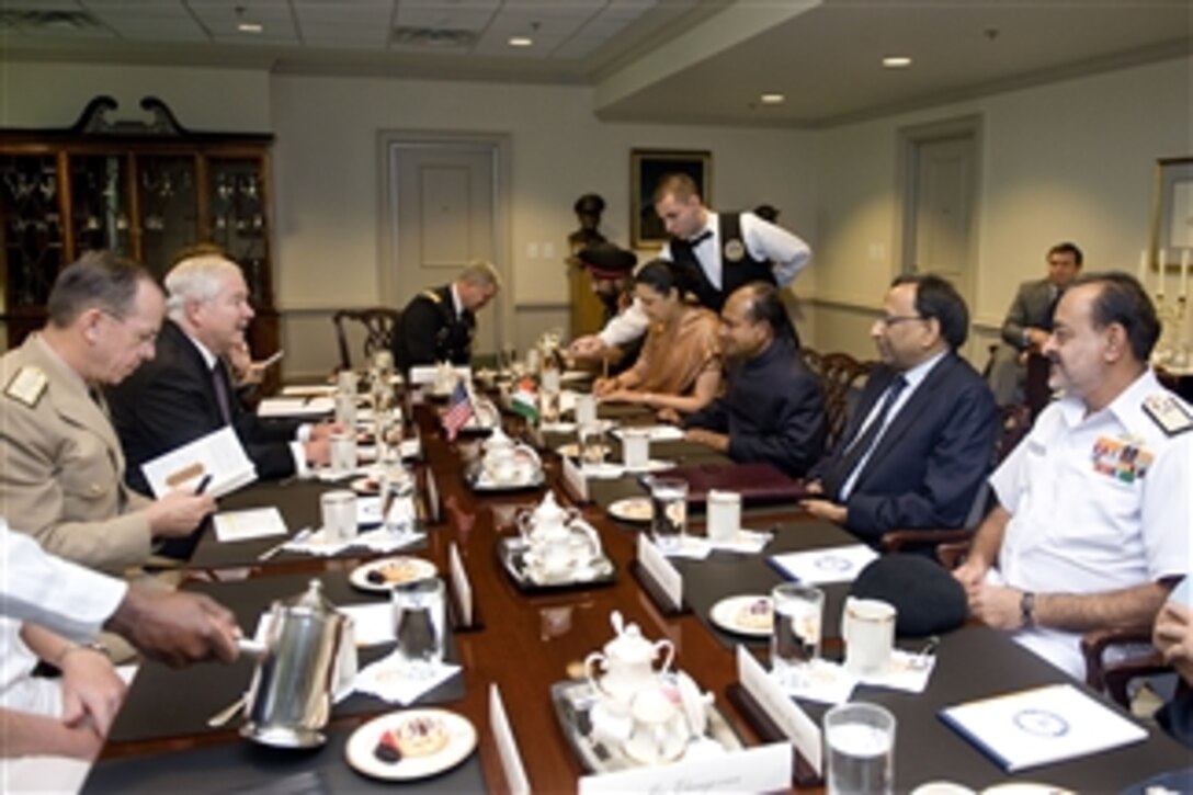 Secretary of Defense Robert M. Gates hosts a Pentagon meeting with Indian Defense Minister Arackaparambil Kurian Antony on Sept. 28, 2010.  
