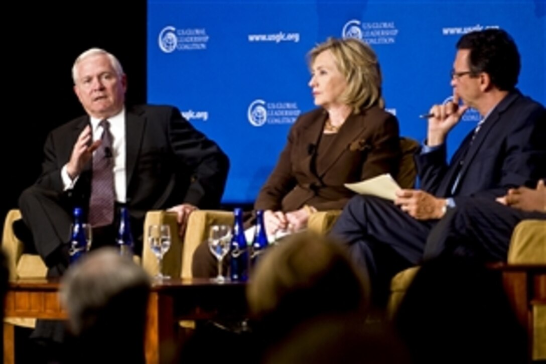 Defense Secretary Robert M. Gates, Secretary of State Hillary Rodham Clinton and Frank Sesno, director of the School of Media and Public Affairs, George Washington University, take part in the U.S. Global Leadership Coalition discussion in Washington, D.C., Sept. 28, 2010.