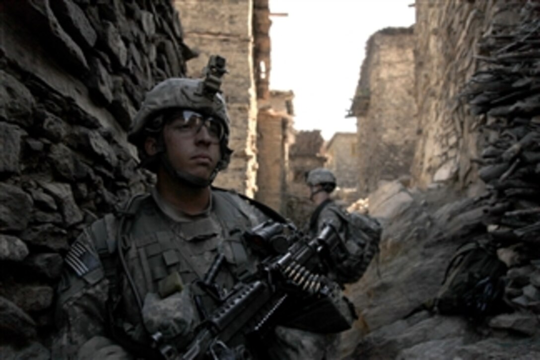 U.S. Army soldiers with 1st Battalion, 102nd Infantry Regiment, 86th Brigade Combat Team, Task Force Iron Gray cordon and search Masamute Bala in Laghman province, Afghanistan, as they provide security on Sept. 25, 2010.  