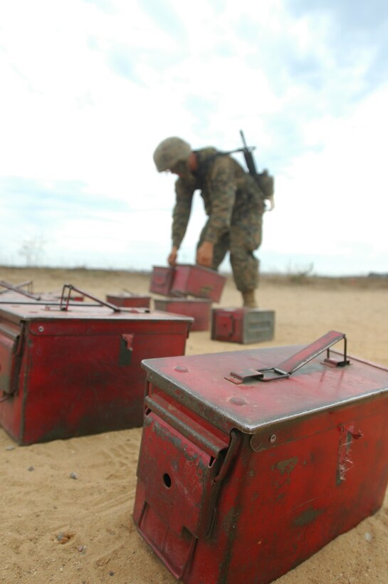 A Platoon 1026 recruit, attempts to catch up with his Platoon mates after carrying ammunition cans up and down a dirt road next to the 12-stall event of the Crucible at Edson Range, Marine Corps Base Camp Pendlton, Calif., Sept. 28. For Company B recruits, the consequence for failing mission or touching the red or unauthorized part of an obstacle of 12-stall, ammunition can carries up and down a nearby road was the consequence to teach recruits that there is always a  consequence to failure.