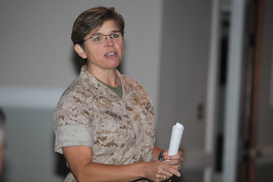 Rear Adm. Margaret Kibben, the 18th chaplain of the Marine Corps and the deputy chief of Navy chaplains, speaks during a luncheon at the Ball Center aboard Marine Corps Base Camp Lejeune, recently.  Kibben is the first female chaplain of the Marine Corps.