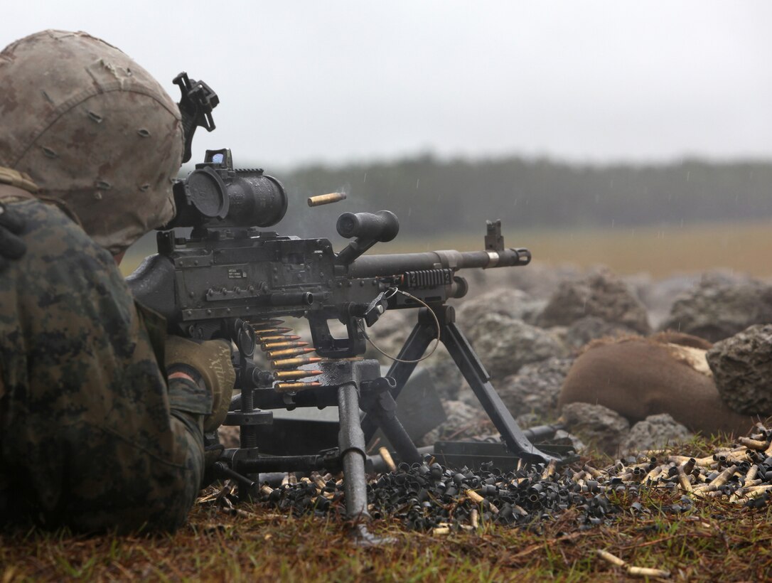 MARINE CORPS BASE CAMP LEJEUNE, N.C. - A Marine with 2nd Battalion, 2nd Marine Regiment, fires rounds down range during a live fire exercise aboard Camp Lejeune, N.C., Sept. 29, 2010. Companies Echo, Fox and Golf, spent several rainy days reiterating and advancing machine gun skills by shooting the M-240B medium machine gun, the M-2 heavy machine gun and the MK-19 40mm automatic grenade launcher.  (Official Marine Corps by Cpl. Justin M. Martinez)