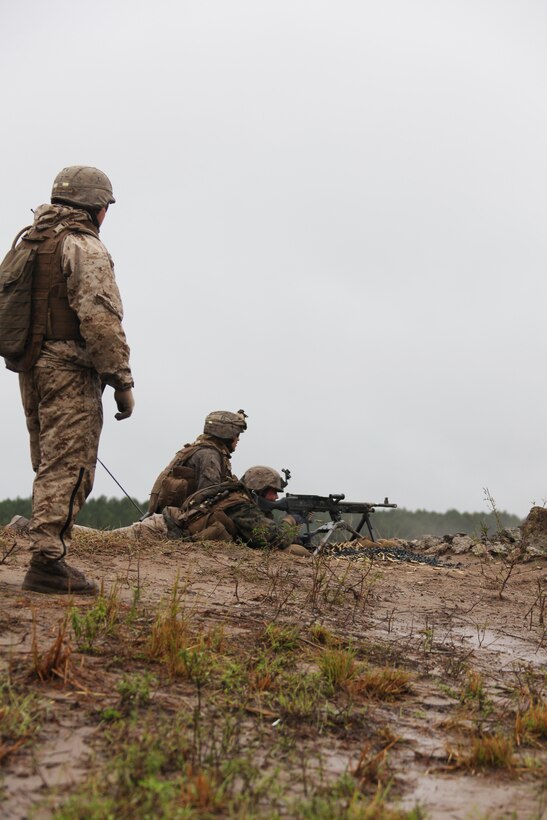 MARINE CORPS BASE CAMP LEJEUNE, N.C. - Marine machine gunners with Echo Company, 2nd Battalion, 2nd Marine Regiment, fire an M-240B medium machine gun during a training evolution aboard Camp Lejeune, N.C., Sept. 29, 2010. Companies Echo, Fox and Golf, conducted a ten day training exercise including a MK-19 40mm automatic grenade launcher training course. (Official Marine Corps photo by LCpl John M. Raufmann)