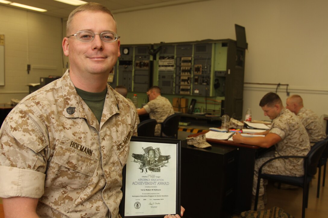 Staff Sgt. Robert Hofmann, an instructor with the Marine Corps Communication-Electronics School, also serves as an assistant deputy commander with the Palm Springs, Calif., Civil Air Patrol’s Composite Squadron 11, and was awarded the Gen. Charles E. “Chuck” Yeager Aerospace Education Achievement Award after completing CAP’s Aerospace Education Program for Senior Members Sept. 26. Hofmann, who joined CAP in 2008, said the best part about receiving the award is now he can use what he has learned to contribute to CAP’s mentoring program for children and young adults ages 12-20.