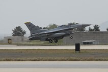 KUNSAN AIR BASE, Republic of Korea -- An 80th Fighter Squadron F-16 Fighting Falcon takes off from Kunsan Air Base in May 2010. The 8th Fighter Wing zeroed out its flying hour program Sept. 30 for 2010. (U.S. Air Force photo/Staff Sgt. Darnell Cannady)