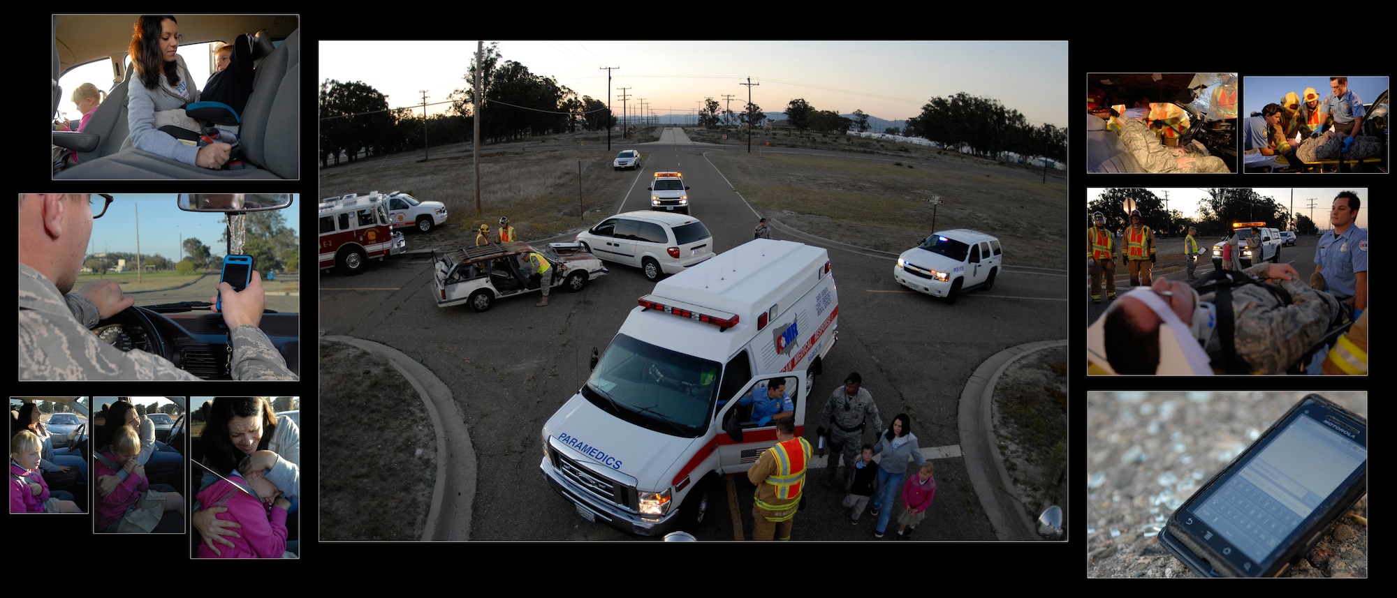 VANDENBERG AIR FORCE BASE, Calif. -- The picture story depicts a simulated vehicle accident caused by a distracted driver here Monday, Sept. 27, 2010. Organizations from around base, including members from the 30th Space Wing safety office, 30th Civil Engineer Squadron fire department, 30th Security Forces Squadron, 30th Logistics Readiness Squadron and American Medical Response personnel, contributed to this story with a message to remind Team V members not to text while driving.  (U.S. Air Force photo/Senior Airman Andrew Satran) 


 
 
 
