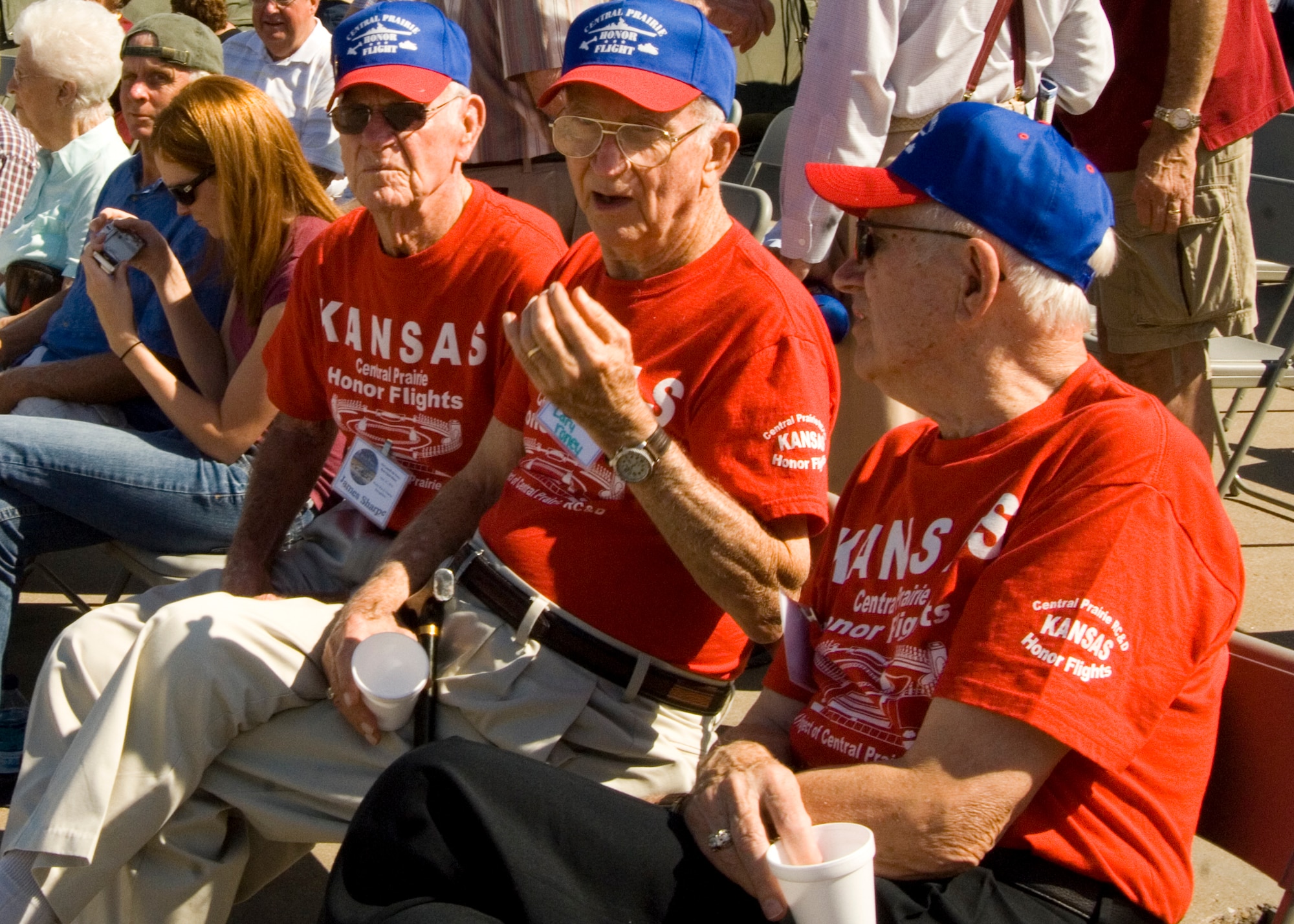 (From left to right) James Sharpe, Lary Roney and Norm Hammergren, WWII veterans, discuss their wartime experiences after the WWII veteran ceremony at McConnell’s 2010 Open House and Air Show Sept. 25, 2010 McConnell Air Force Base.  The men were three of 140 veterans honored during a ceremony that began the open house.  (U.S. Air Force photo/Senior Airman Abigail Klein)