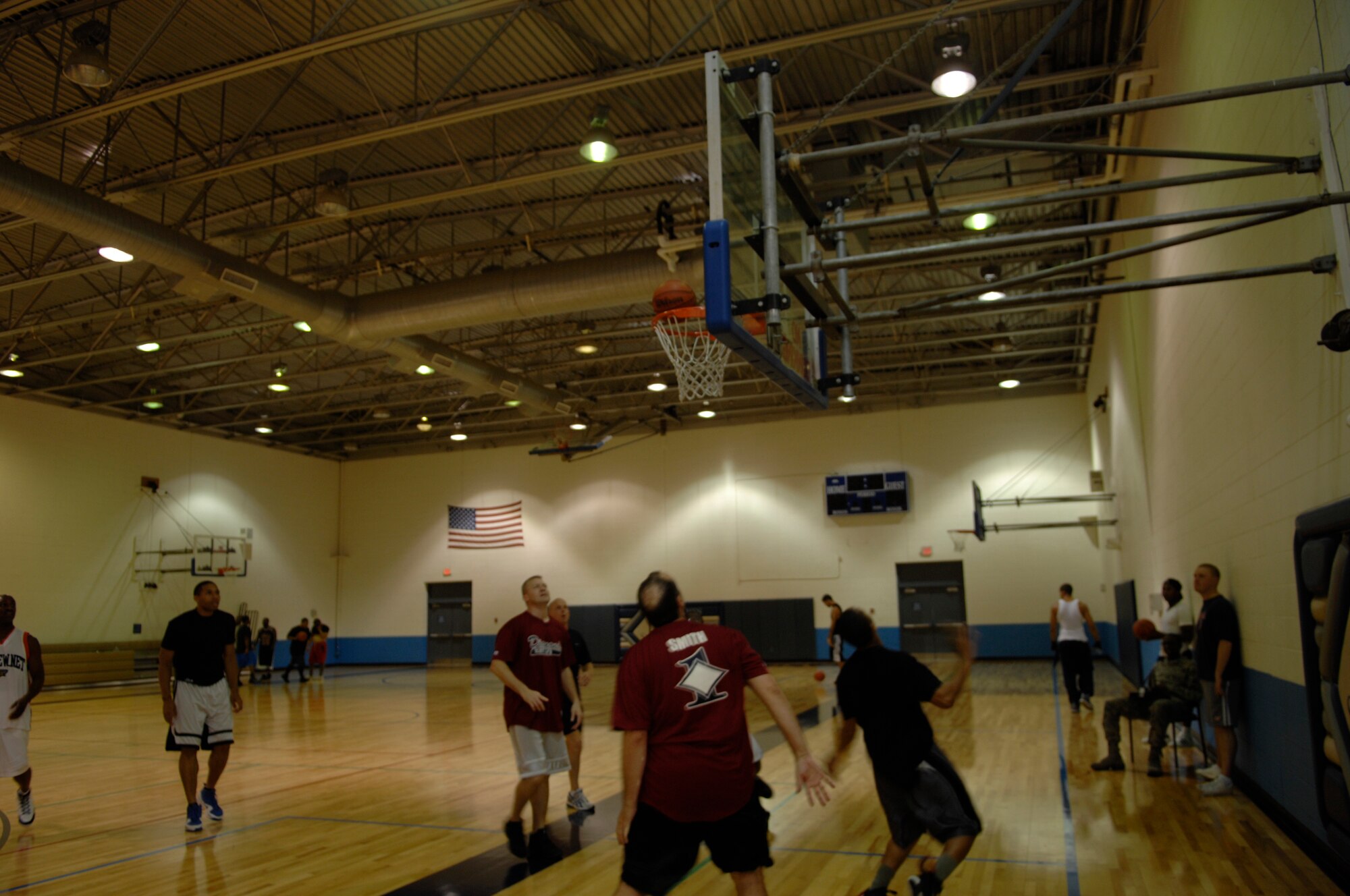 Members of team Scott compete in the Pro-Org Games Sept. 22 at the James Gym fitness center.  The First Sergeants played basketball against First Four during the 2nd Annual Pro-Org Games Sept. 20-22. First Four beat the First Sergeants and went on to beat Top 3 to take the title. The First Sergeants placed first in dodge ball and Top 3 placed first in wallyball. (U.S. Air Force photo/ Senior Airman Amber R. Kelly-Herard)